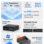 Overview of the 7 advantages of the HYSTOU M2 mini PC: Intel N150 processor, max 32GB DDR5 RAM, WiFi 6 and BT 5.2, max 4TB M.2 2280 SSD, max 2TB 2.5-inch HDD/SSD, compact 0.45kg size, versatile ports, pre-installed Windows 11 Pro, and dual exhaust cooling technology.