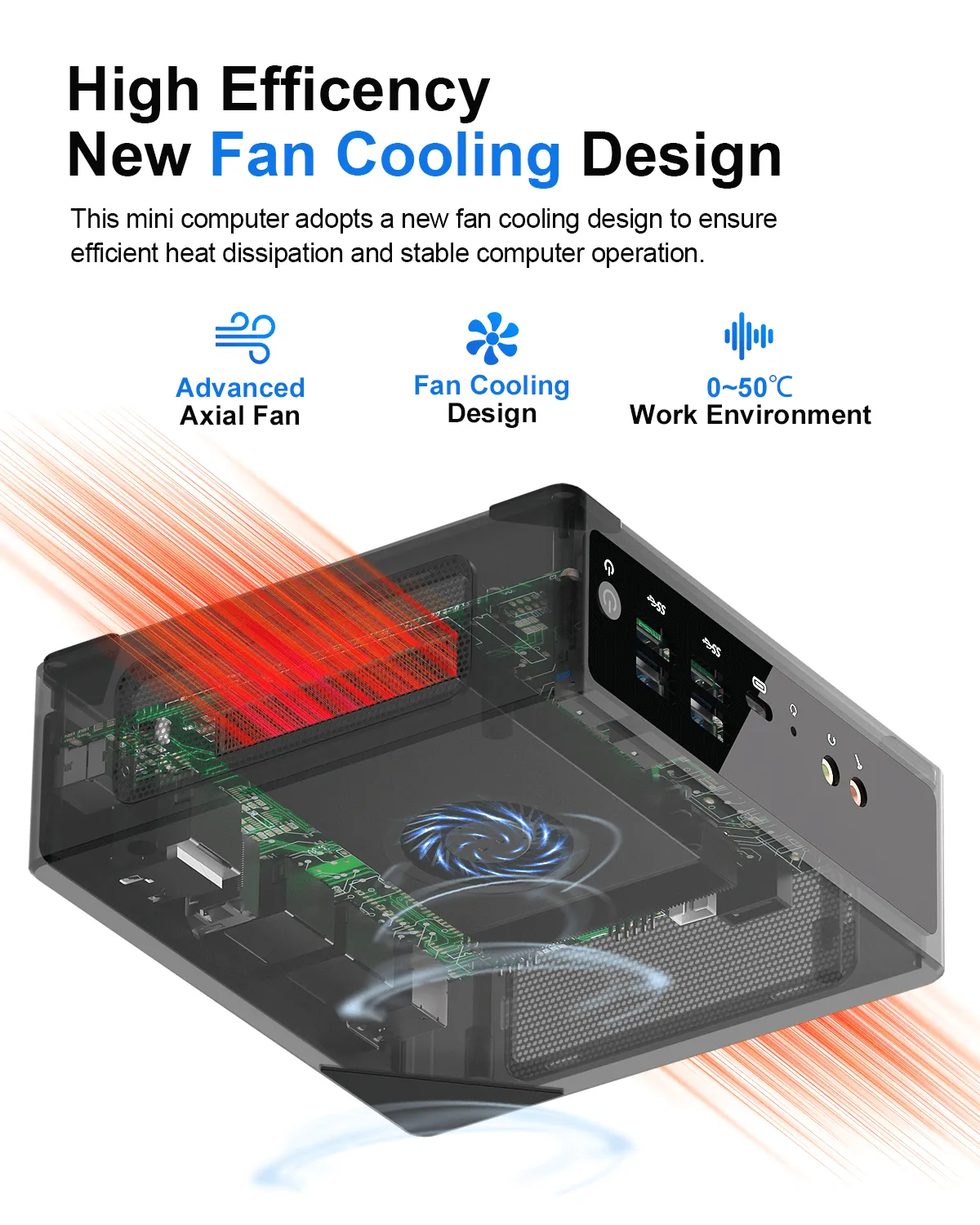 High-efficiency fan cooling design of the HYSTOU M2 mini computer. It features an advanced axial fan for efficient heat dissipation, ensuring stable operation in a 0~50°C work environment.