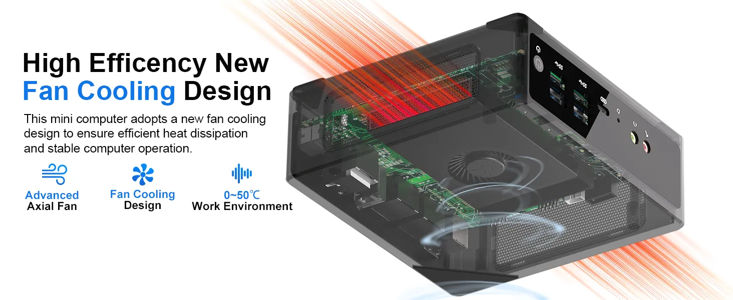 Diagram of the HYSTOU M2 mini PC's high-efficiency fan cooling system showing advanced axial fan heat dissipation for stable operation in 0 to 50°C environments.