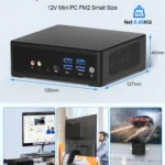 Multiple installation methods for the HYSTOU M2 12V small mini PC, measuring 135x127x45mm and weighing 0.45kg. It supports desktop mount, VESA mount behind monitors, and rail mount for versatile placement.