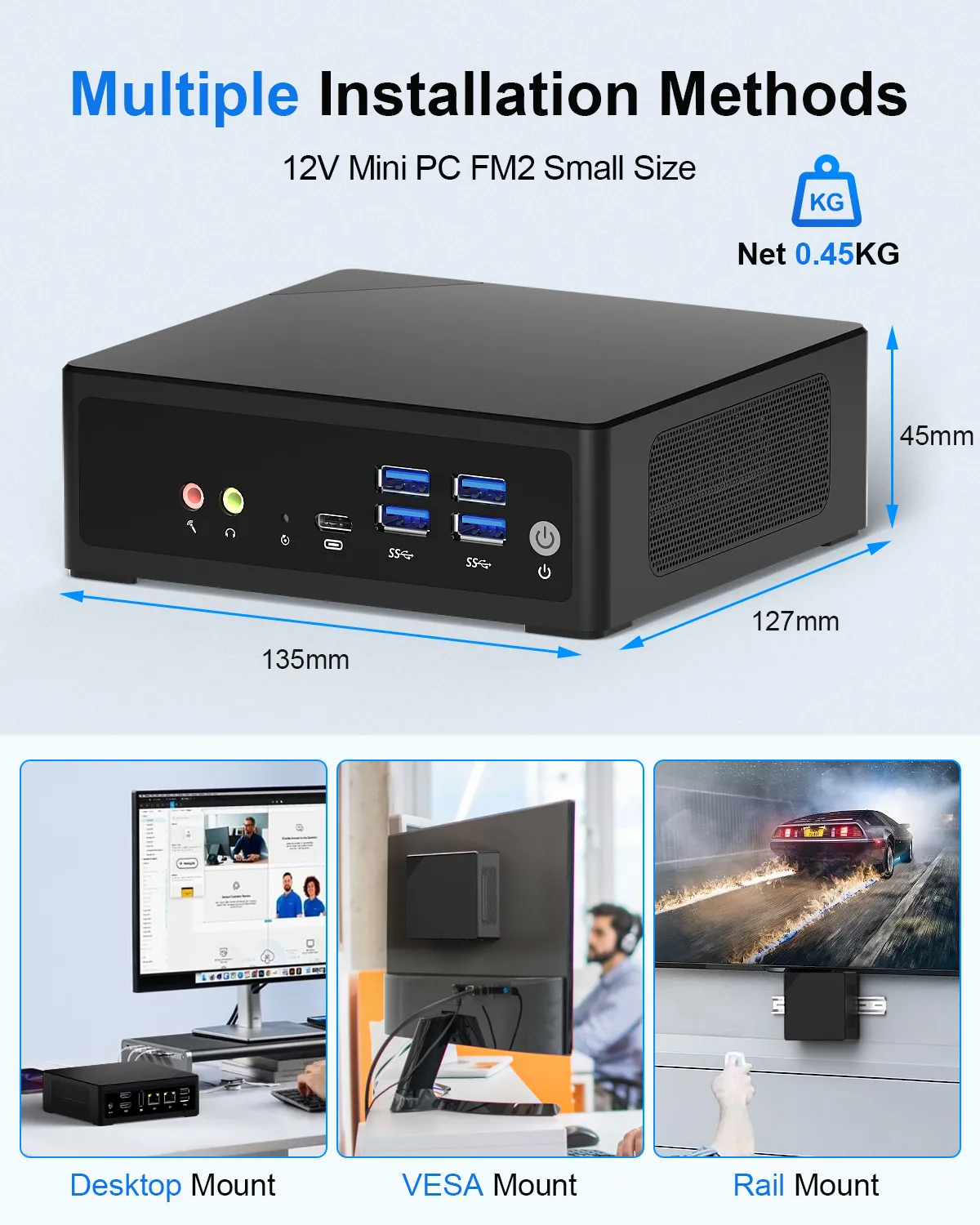 Multiple installation methods for the HYSTOU M2 12V small mini PC, measuring 135x127x45mm and weighing 0.45kg. It supports desktop mount, VESA mount behind monitors, and rail mount for versatile placement.