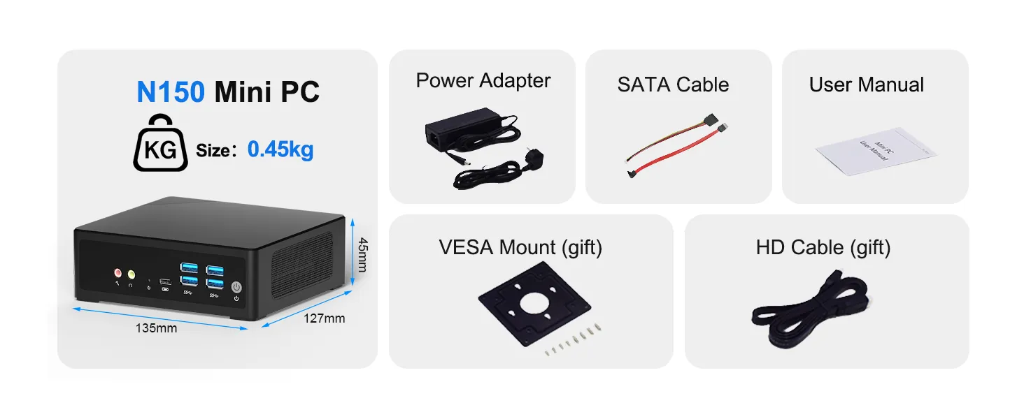 HYSTOU M2 N150 mini PC size, weight, and package contents. The compact mini computer measures 135x127x45mm and weighs 0.45kg, shown alongside its included accessories: Power Adapter, SATA Cable, User Manual, and gift items including a VESA Mount and HD Cable.