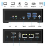 Versatile rich ports on the HYSTOU M2 mini PC. Front panel includes SPK, MIC, Type-C, 4x USB 3.0, and a power switch. Rear panel features 12V 5A DC input, 2x HD, DP, 2x RJ45 LAN, and 2x USB 2.0 ports for connecting TVs, monitors, cameras, and printers.