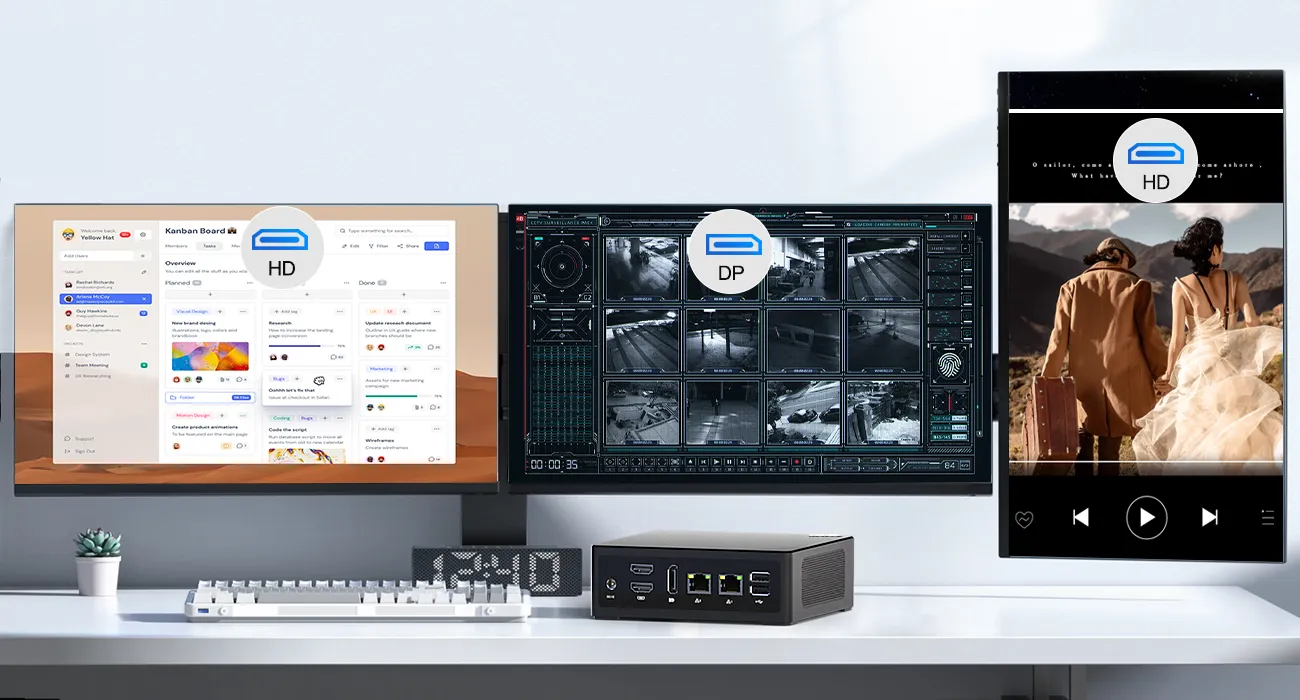 HYSTOU M2 mini PC driving a triple-display setup via HD and DP ports, demonstrating seamless multitasking for office work, security monitoring, and media playback.