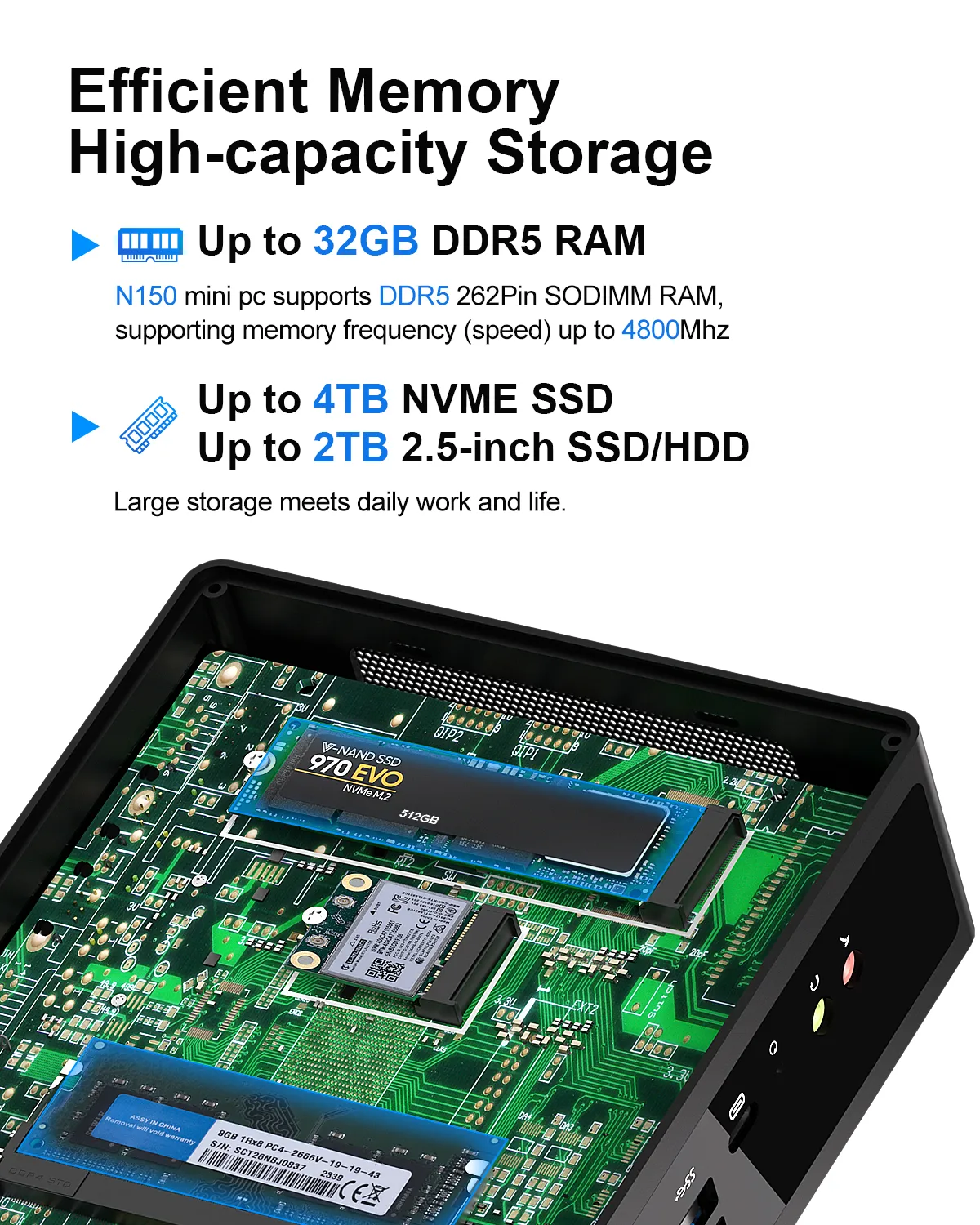 Efficient memory and high-capacity storage on the HYSTOU M2 mini PC motherboard. It supports up to 32GB DDR5 262Pin SODIMM RAM at 4800MHz, up to 4TB NVMe SSD, and up to 2TB 2.5-inch SSD/HDD.