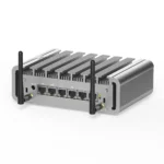 HYSTOU-P09B-6L fanless mini PC rear view showing 6x 2.5G LAN Ethernet ports and dual WiFi antennas