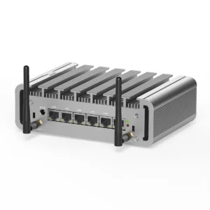 HYSTOU-P09B-6L fanless mini PC rear view showing 6x 2.5G LAN Ethernet ports and dual WiFi antennas