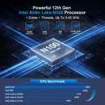 HYSTOU-P09B-6L mini PC featuring 12th Gen Intel Alder Lake N100 processor with benchmark performance comparison chart