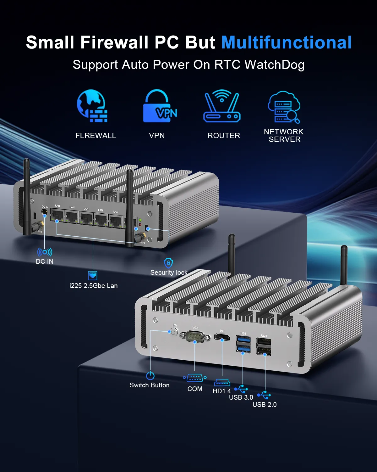HYSTOU-P09B-6L firewall PC interface diagram showing Intel i225 2.5GbE LAN ports, COM port, HDMI 1.4, and USB ports