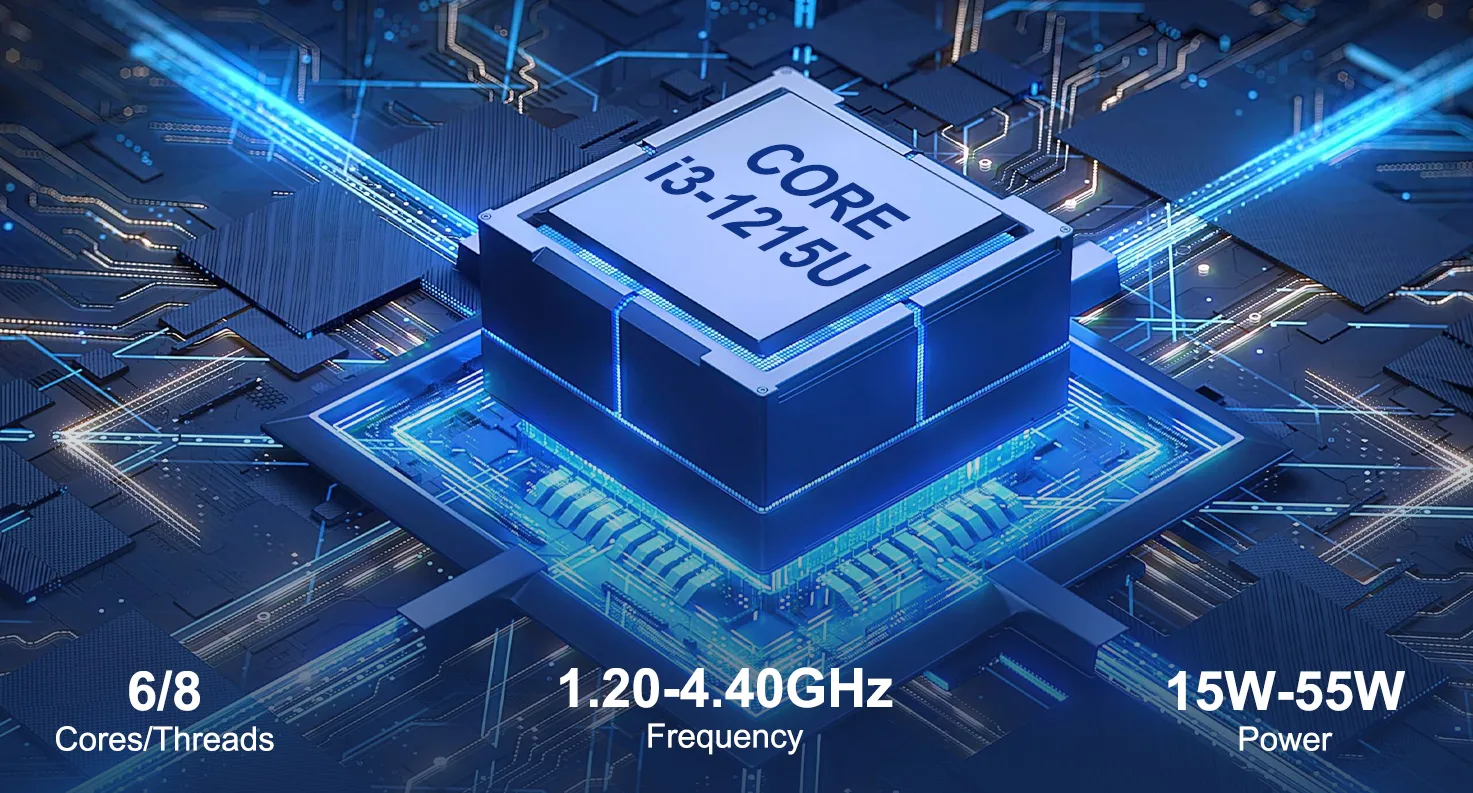 Detailed specifications of Hystou H7 mini PC: Intel Core i3-1215U with 6 cores 8 threads, 1.20-4.40GHz frequency, and 15W-55W power.