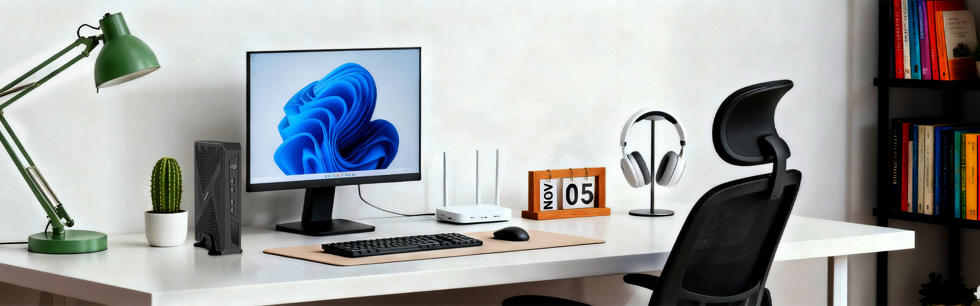 Organized home office with Mini PC, monitor, router, and ergonomic chair