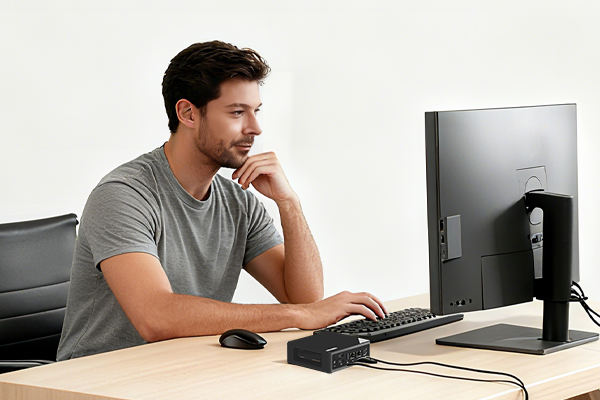 Professional using Mini PC for efficient work at home office