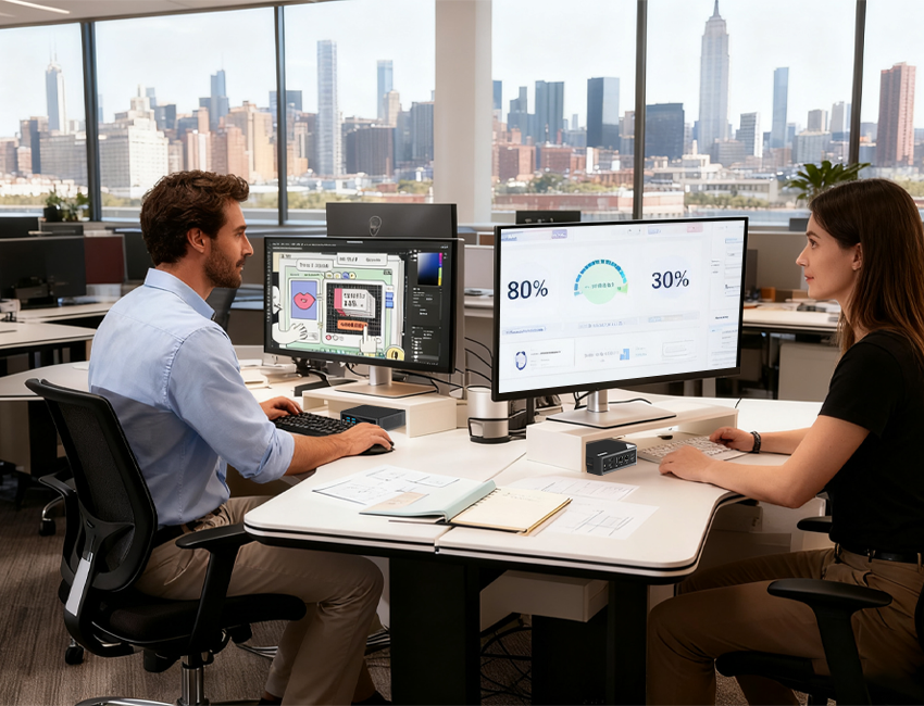HYSTOU Mini PC dual-monitor setup for collaborative office productivity