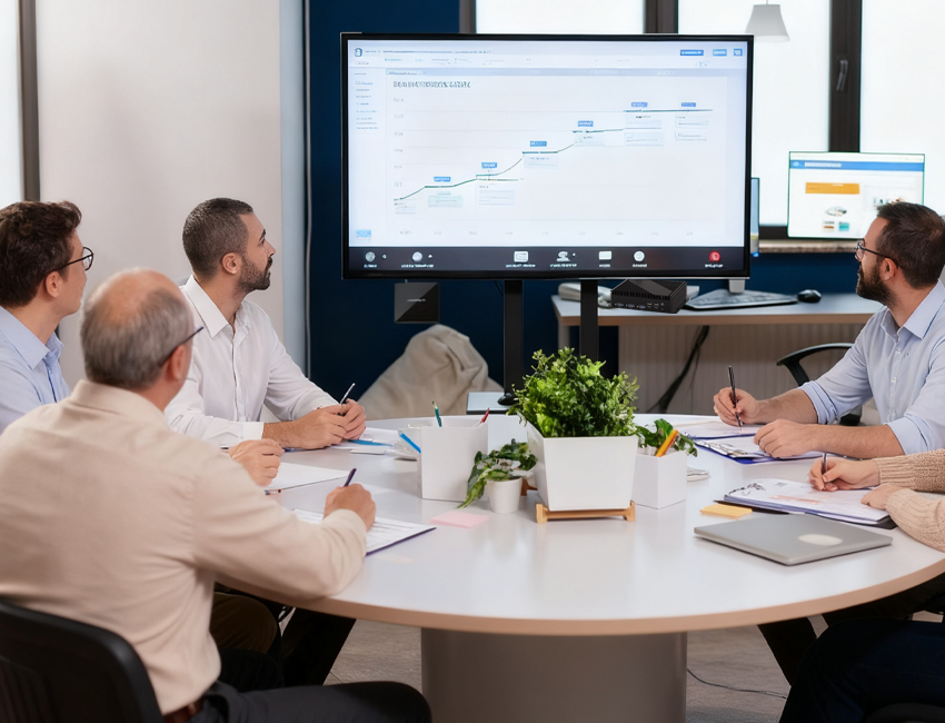 Business intelligence meeting with HYSTOU mini computer displaying data visualization
