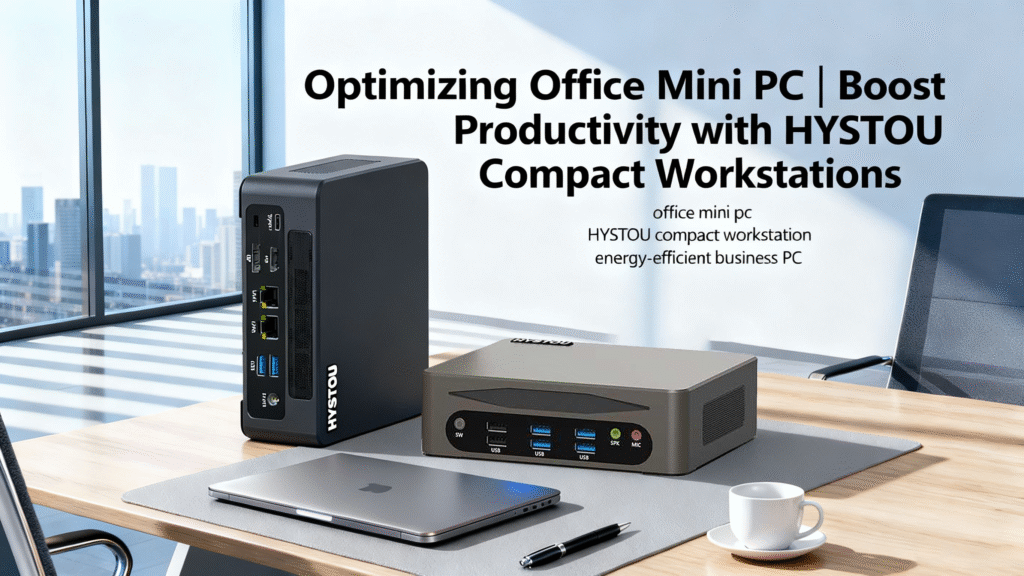HYSTOU compact office mini PCs on a modern office desk, showcasing the M9 and M7 models designed for business productivity and energy efficiency. These compact workstations feature multiple USB ports, dual LAN, and HDMI connectivity, representing HYSTOU’s powerful and space-saving computing solutions for hybrid workplaces.