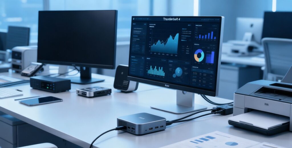 Thunderbolt 4-Enabled Mini PC Workspace: A modern office setup featuring a compact Mini PC with