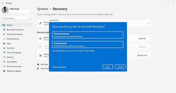Windows 11 reinstall method selection - Cloud download or Local reinstall