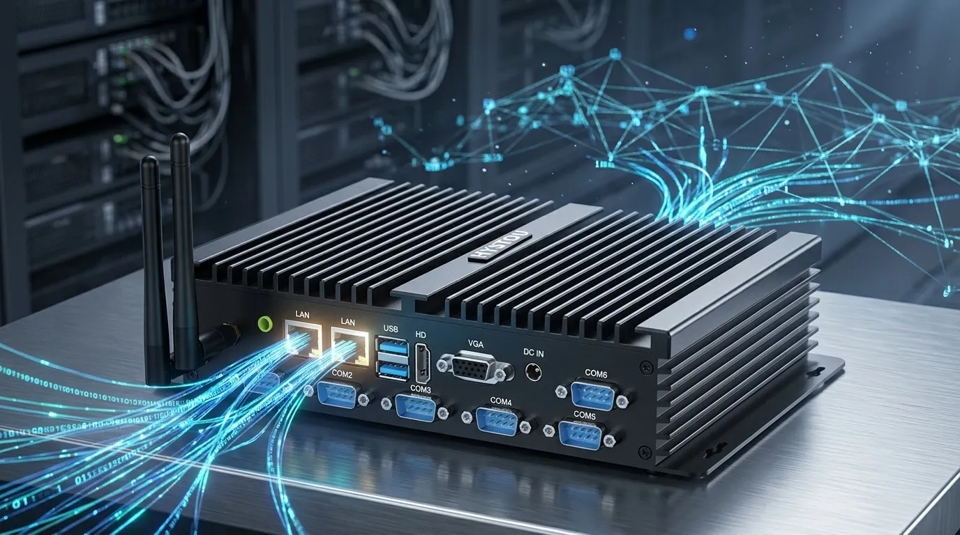 HYSTOU K4 Industrial Mini PC with dual RJ45 Ethernet ports acting as a software router in a server room background