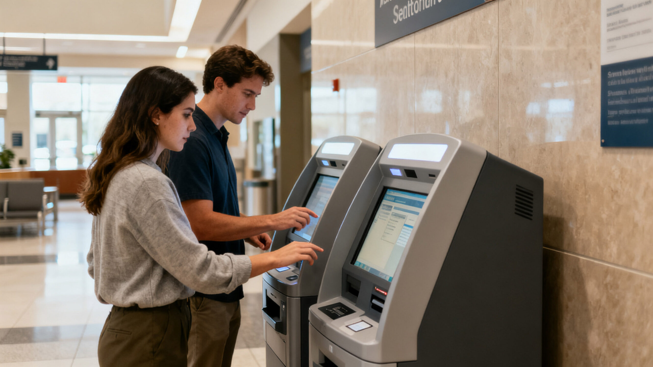 In a modern public hall, a man and a woman are intently operating two silver-gray self-service terminal machines. Surrounded by a tidy environment and bright lights, this scene showcases the convenience of self-service.