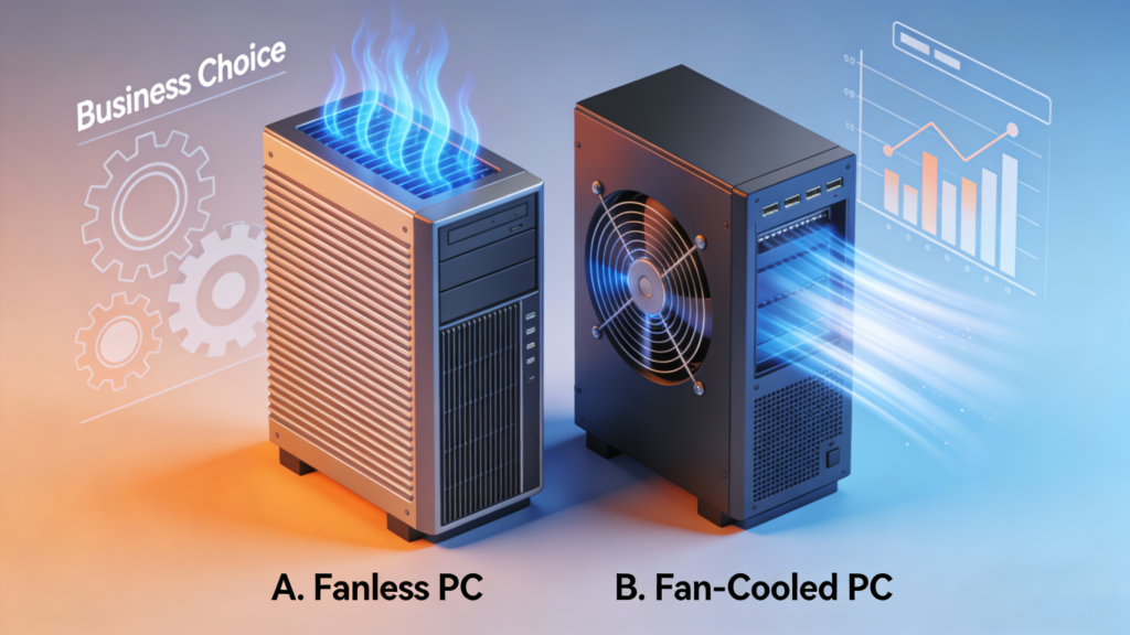 3D isometric comparison illustration of a fanless industrial PC with passive cooling fins versus a fan-cooled PC with active airflow, set against a business chart background.