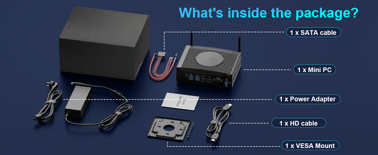 Mini PC Package Contents Host, Power Adapter, SATA Cable