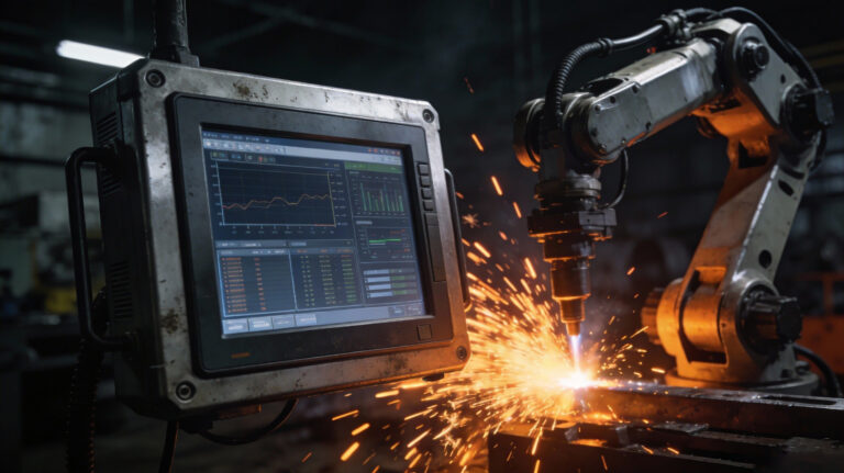 Rugged industrial panel PC operating next to a welding robot with sparks flying in a factory