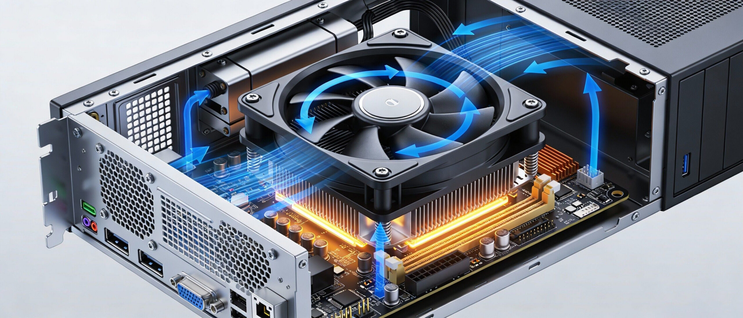 Technical cutaway illustration of a modern computer cooling system, showing a central CPU fan with blue arrows indicating airflow circulating over the motherboard and electronic components.