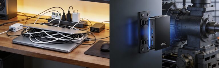 Comparison of USB-to-Serial adapter mess versus clean RS232 Mini PC setup.