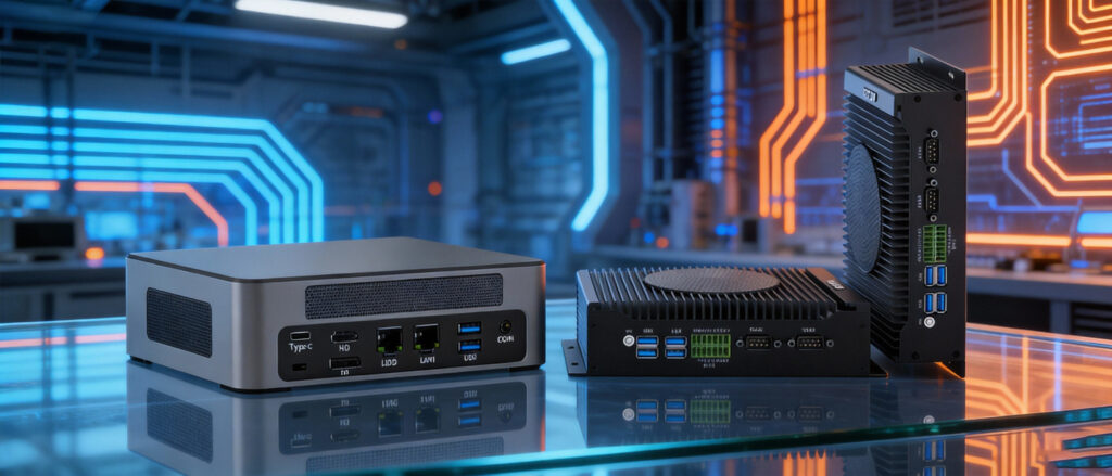 HYSTOU M9 next to H6 Industrial PC comparison for Windows 11 IoT