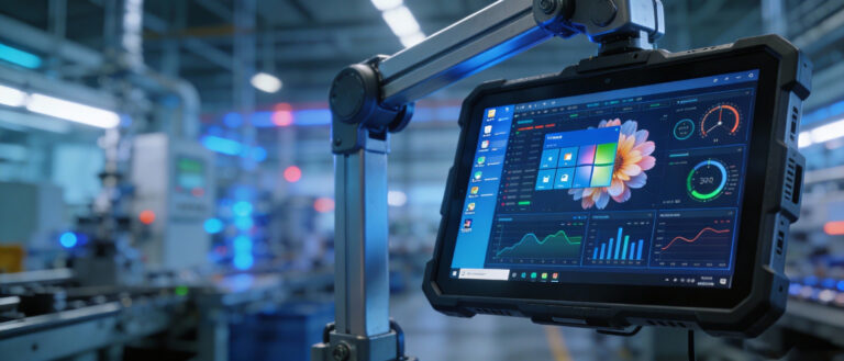Industrial computing hardware running Windows 11 IoT Enterprise in a smart manufacturing factory.