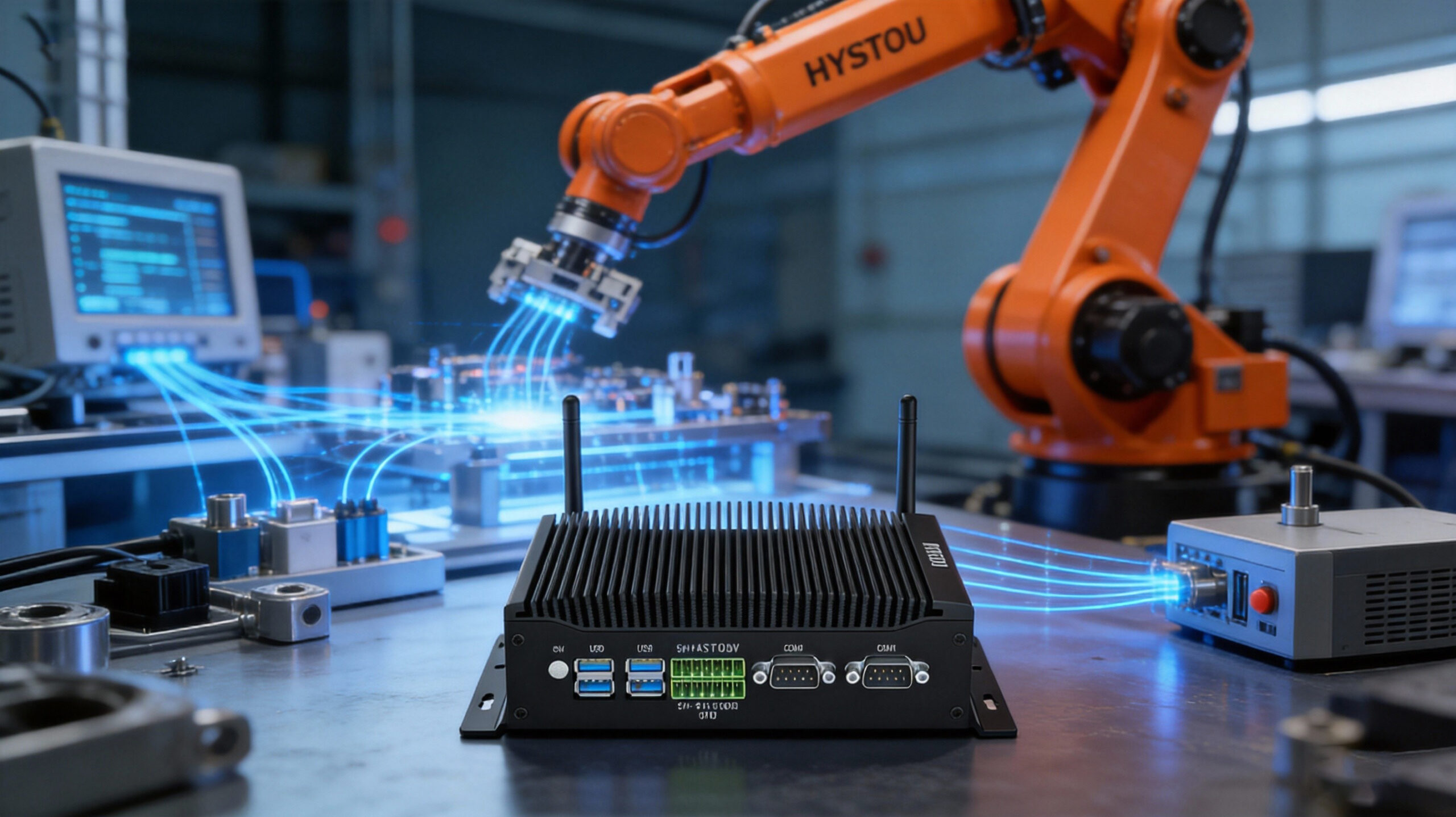 Rugged fanless industrial PC controlling robotic arms in a smart factory environment, symbolizing 2026 Edge AI automation trends