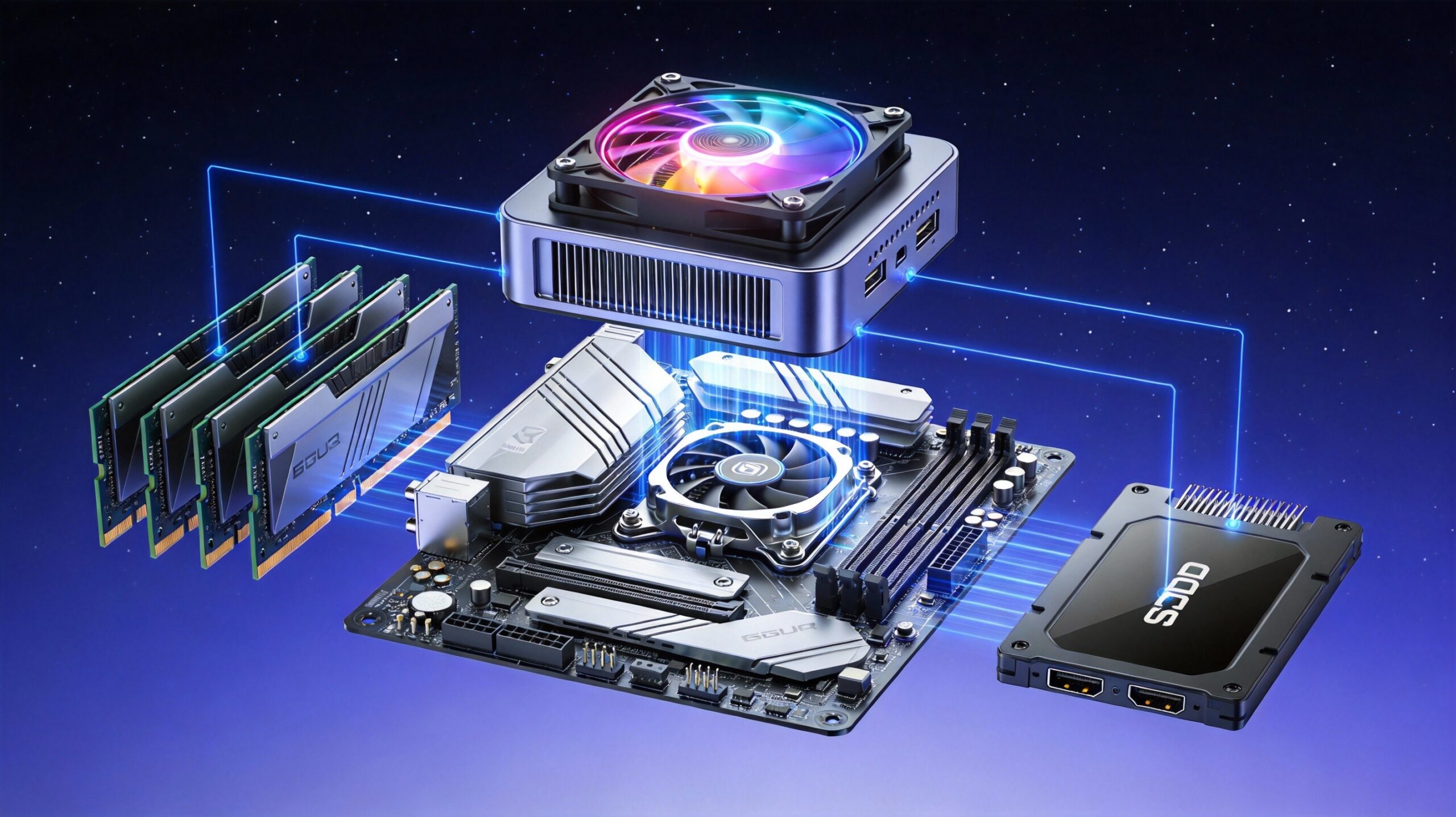 Showcasing floating computer hardware components, including a motherboard, a mini PC with an RGB fan, RAM modules, and an SSD solid-state drive.