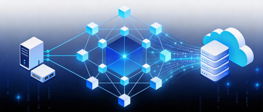 Minimalist edge computing poster featuring mini PC and smart city skyline in blue and black color scheme