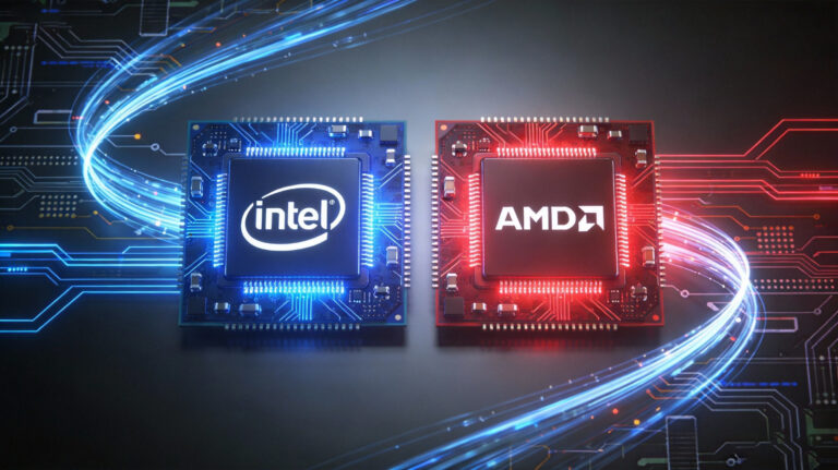 Minimalist tech poster for Intel vs AMD rivalry with blue vs red color scheme and futuristic geometric design.