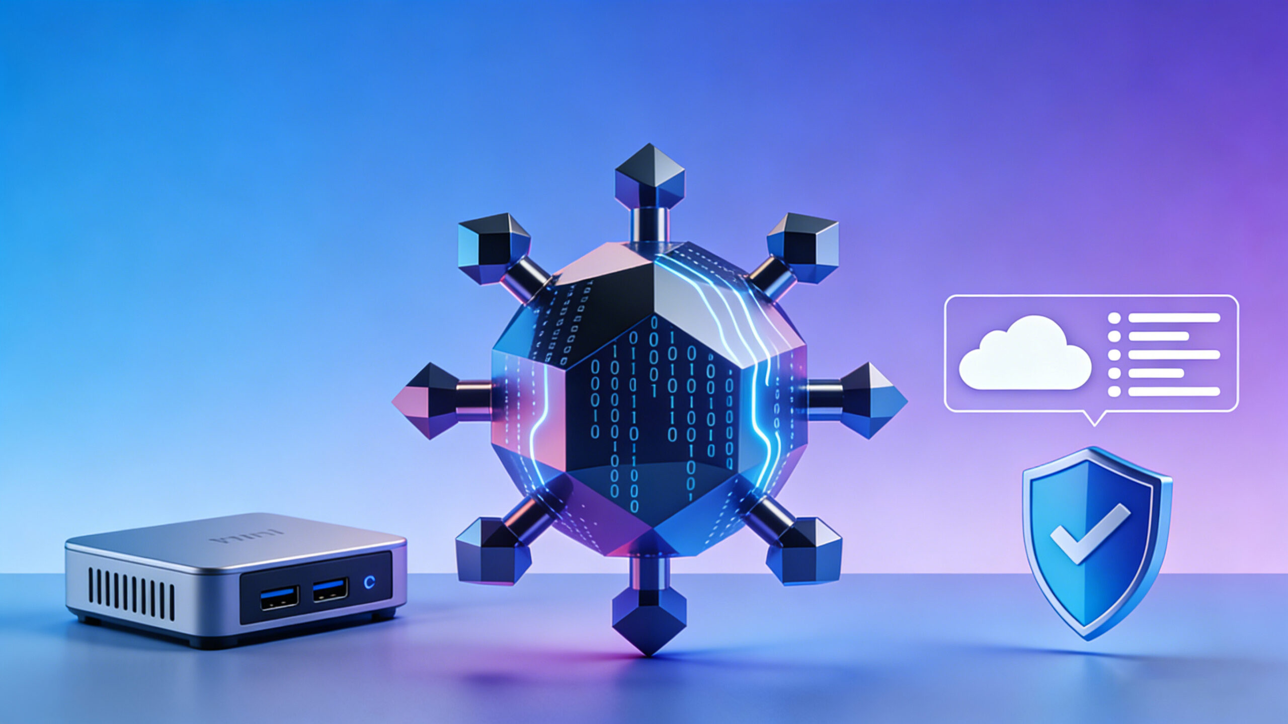 Minimalist tech-style mini PC, cyber security and virus protection theme