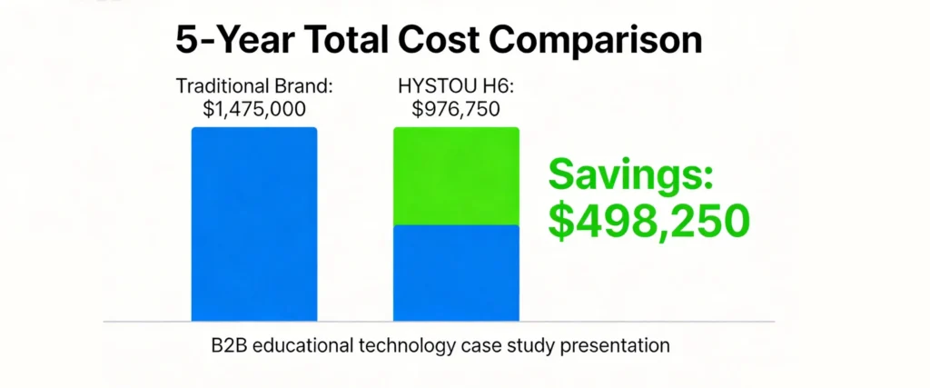 5-year total cost comparison chart: Traditional Brand $1,475,000 vs HYSTOU H6 $976,750, showing $498,250 savings Description: Professional bar chart visualizing the significant cost savings ($498,250 over 5 years) achieved by choosing H6 over traditional big brands.