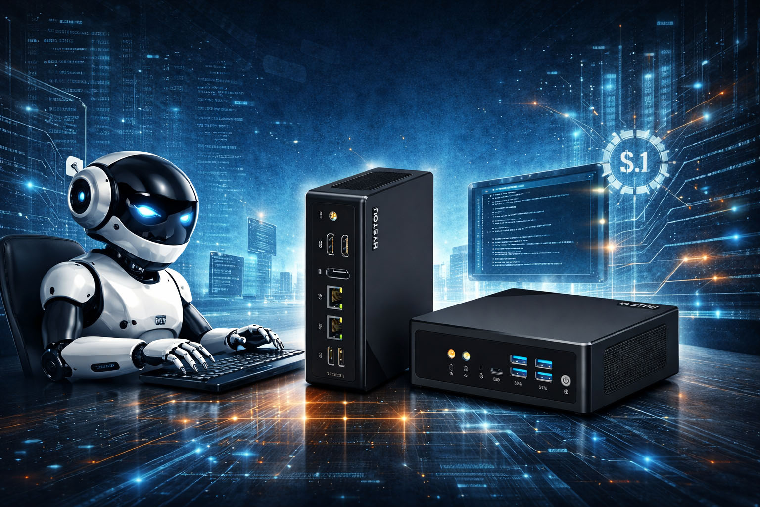 AI robot working with HYSTOU Mini PC for deploying OpenClaw local AI agent on a compact mini computer setup