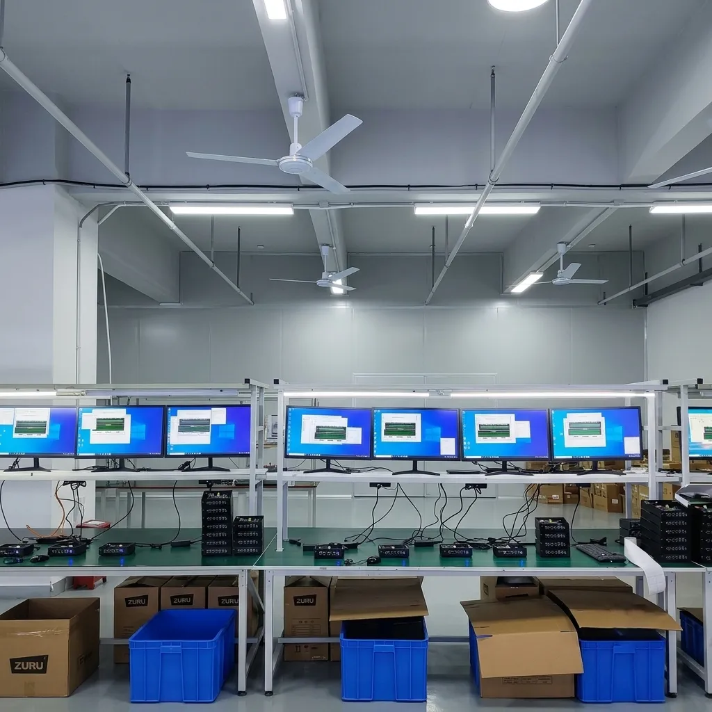 A well-organized industrial workstation featuring a row of multiple computer monitors undergoing testing, with blue storage bins and cardboard boxes stored underneath.