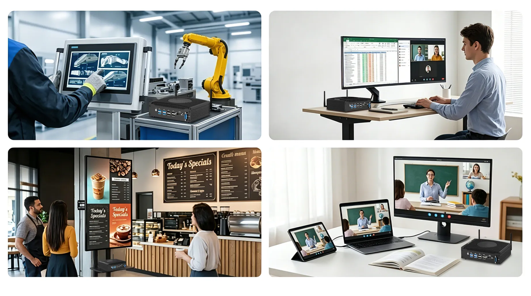 Hystou H7-8th Fan Mini PC showcased in four application scenarios: industrial automation controlling a robotic arm, office productivity with a dual-monitor video conference setup, digital signage for a cafe menu board, and online education with a multi-device learning setup.