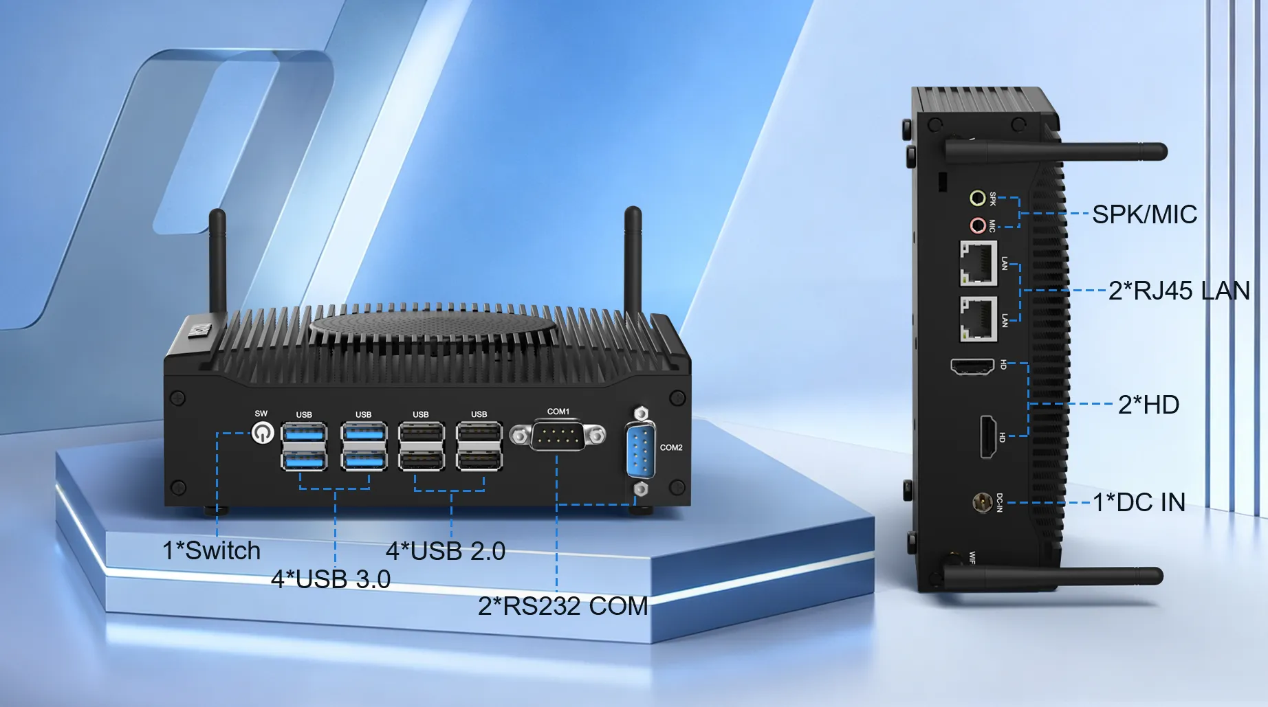 Hystou H7-8th Fan Mini PC showing front and rear I/O ports. The front panel features 1x Switch, 4x USB 3.0, 4x USB 2.0, and 2x RS232 COM ports. The rear panel features SPK/MIC, 2x RJ45 LAN, 2x HD, and 1x DC IN, with dual Wi-Fi antennas.