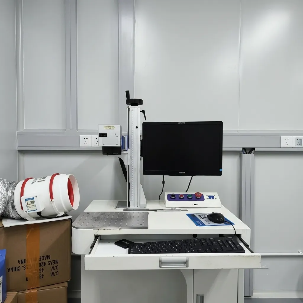 An advanced laser marking machine workstation in a clean lab environment, complete with a black monitor, keyboard, and white ventilation equipment.