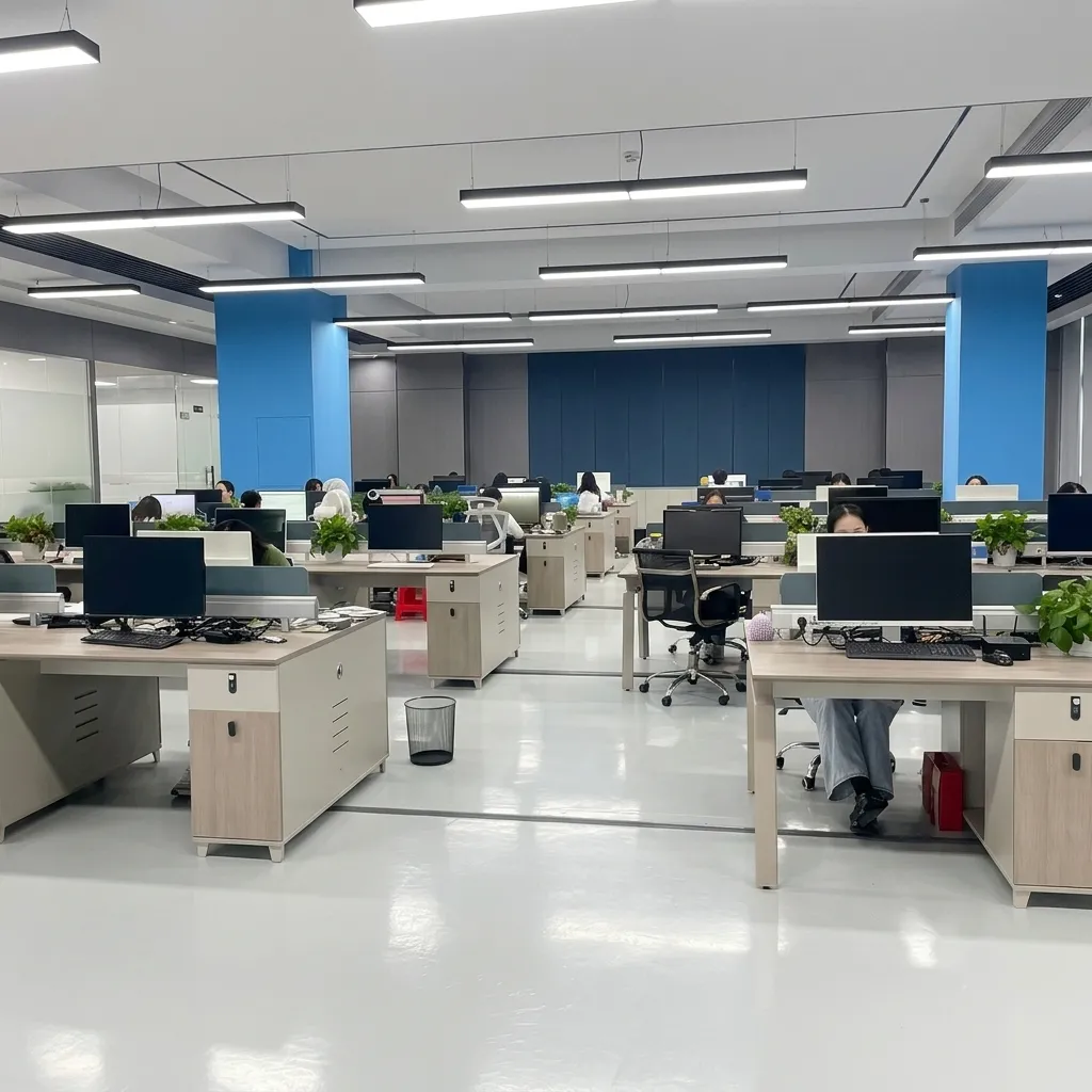 A formal open-plan modern office environment with employees working at rows of desks, featuring blue accent columns and bright ceiling lighting.
