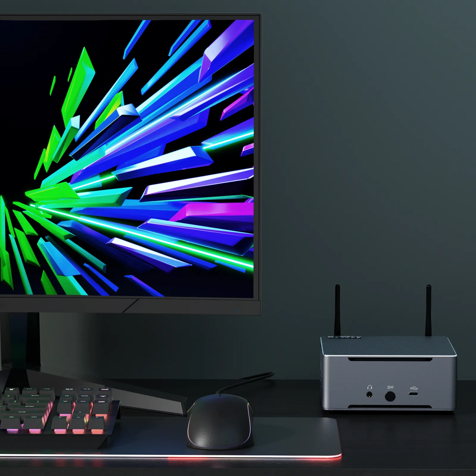 Real scene photo of HYSTOU compact AMD mini PC on office desktop, match gaming monitor, mechanical keyboard and mouse for home & business use