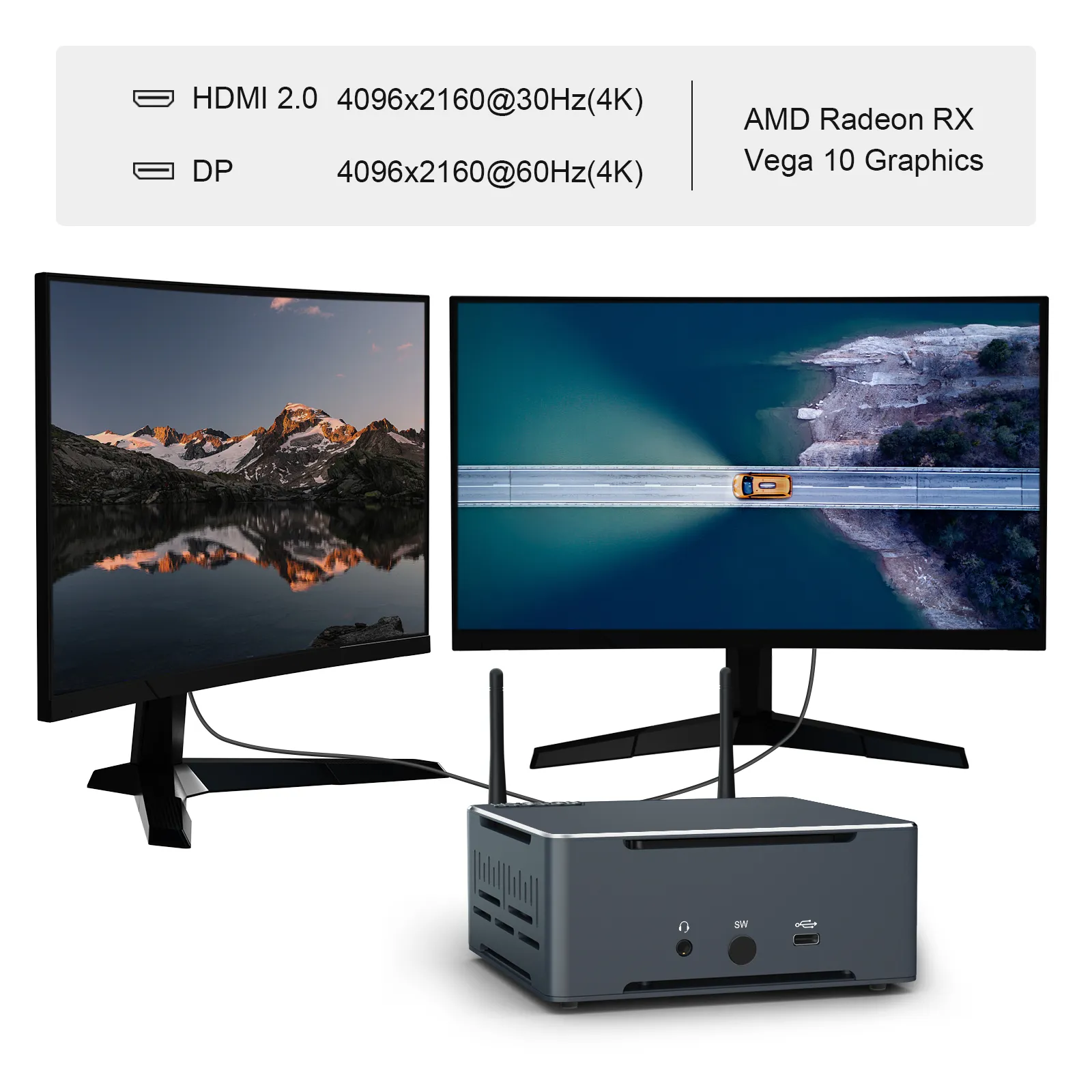 Dual 4K display output of HYSTOU mini PC with AMD Radeon RX Vega 10 graphics, HDMI 2.0 4K@30Hz & DP 4K@60Hz triple screen support