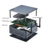 Disassembled diagram of HYSTOU Ryzen mini PC, dual storage slot: M.2 2280 NVMe SSD + 2.5 inch HDD, DDR4 memory slot & built-in cooling fan