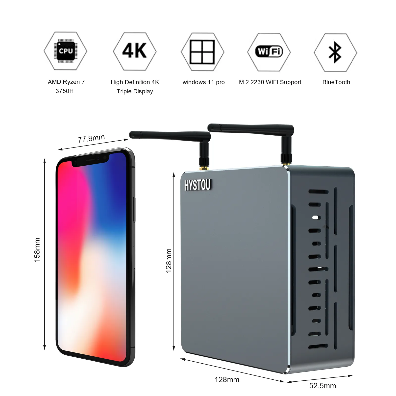HYSTOU mini PC with AMD Ryzen 7 3750H, compact size 128×128×52.5mm, compared with smartphone, features 4K triple display, Windows 11 Pro, M.2 2230 Wi-Fi & Bluetooth