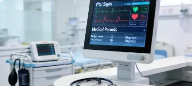 Patient check-in kiosks, medical imaging workstations, and nurse call stations.