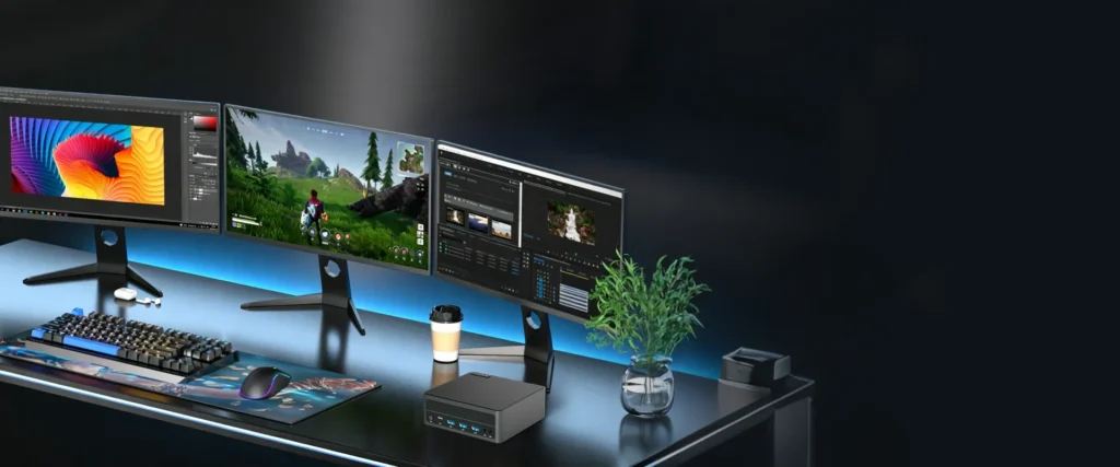 Immersive multi-display desktop configuration driven by the AMD Ryzen 7 7840HS Mini PC, ideal for content creation, heavy multitasking, and gaming.