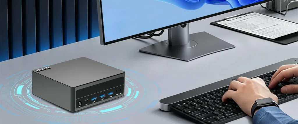The AMD Ryzen 7 7840HS Mini PC integrated into a modern office desk setup, offering high-performance computing with a sleek, space-saving footprint.