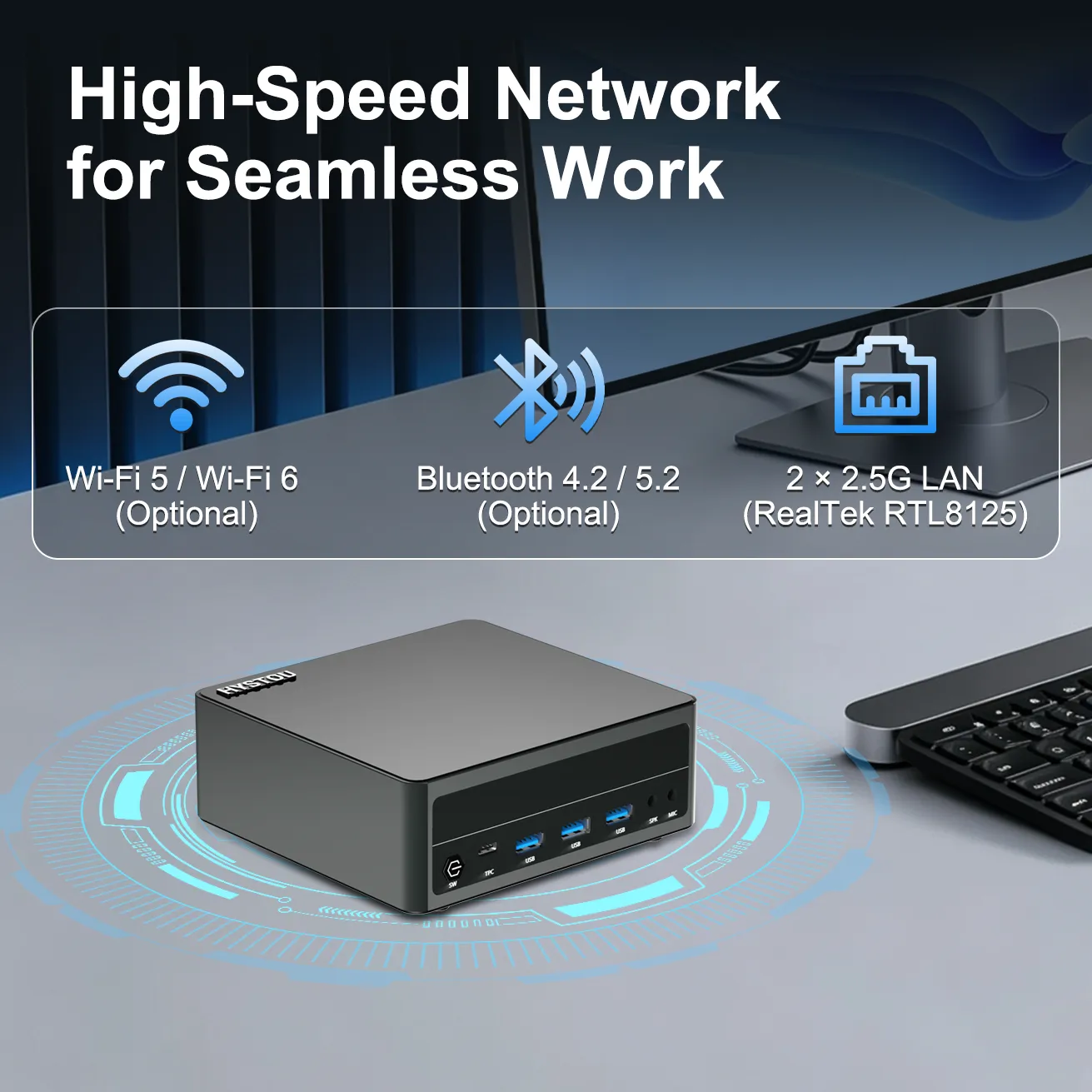 High-speed network capabilities of the AMD Ryzen 7 7840HS Mini PC, featuring Wi-Fi 6, Bluetooth 5.2, and RealTek dual 2.5G LAN for seamless IT operations.